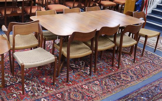 A Danish teak extending dining table designed by Peter Hvidt & Orla Mølgaard Nielsen for France and Daverkosen and ten Dutch manufactur